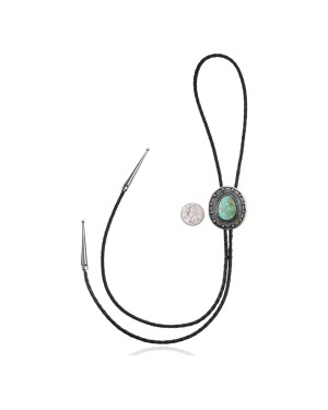Sun .925 Sterling Silver Certified Authentic Handmade Navajo Native American Natural Turquoise Bolo Tie 34120