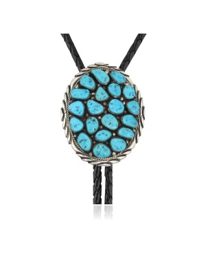 Handmade Certified Authentic Navajo .925 Sterling Silver Native American Natural Turquoise Bolo Tie 34122