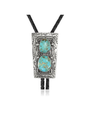 Handmade Certified Authentic Navajo .925 Sterling Silver Native American Natural Turquoise Bolo Tie 34124
