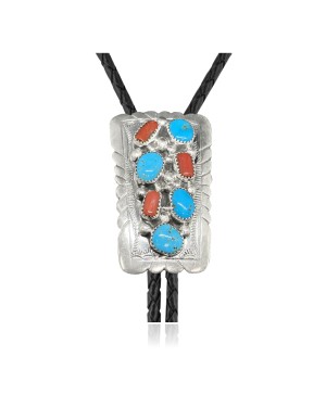 Handmade Certified Authentic Navajo .925 Sterling Silver Native American Natural Turquoise Coral Bolo Tie 34125