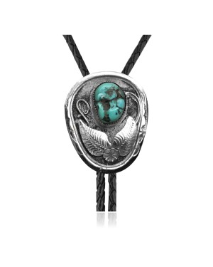 Feather .925 Sterling Silver Certified Authentic Handmade Navajo Native American Natural Turquoise Bolo Tie 34128