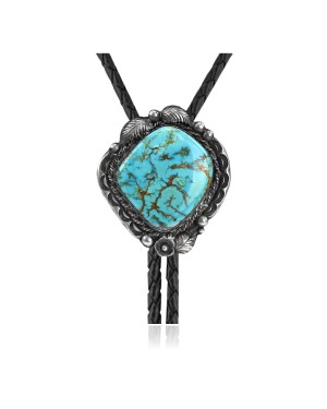Handmade Certified Authentic Navajo .925 Sterling Silver Native American Natural Turquoise Bolo Tie 34129