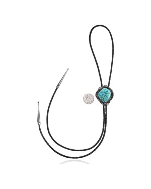 Handmade Certified Authentic Navajo .925 Sterling Silver Native American Natural Turquoise Bolo Tie 34129