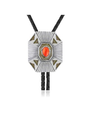 Handmade Certified Authentic Navajo .925 Sterling Silver Native American Coral Bolo Tie 34130