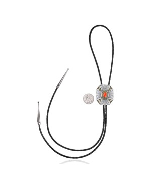 Handmade Certified Authentic Navajo .925 Sterling Silver Native American Coral Bolo Tie 34130