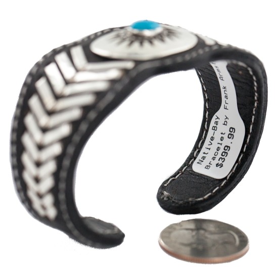 Certified Authentic .925 Sterling Silver Navajo Handmade Natural Turquoise Native American Leather Bracelet 12784-101 Certified Authentic .925 Sterling Silver Navajo Handmade Natural Turquoise Native American Leather Bracelet 12784-101