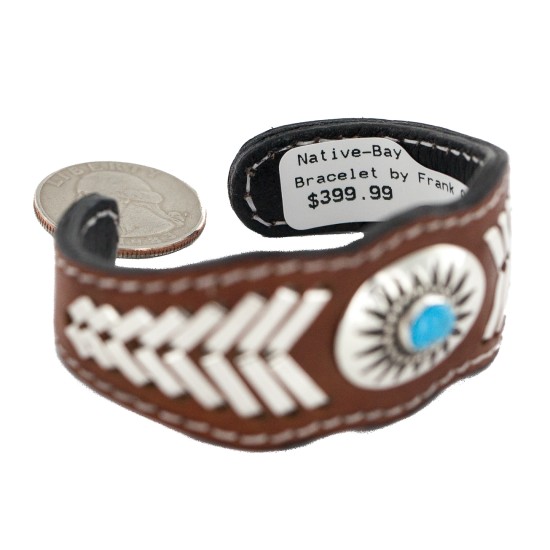 Certified Authentic Handmade .925 Sterling Silver Navajo Natural Turquoise Native American Leather Bracelet 12784-3 Certified Authentic Handmade .925 Sterling Silver Navajo Natural Turquoise Native American Leather Bracelet 12784-3