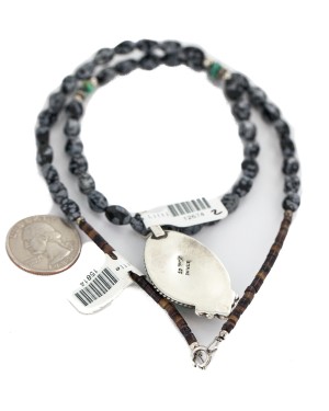 .925 Sterling Silver Certified Authentic Navajo Natural Spiderweb Turquoise Snowflake Obsidian Native American Necklace 12674-15814