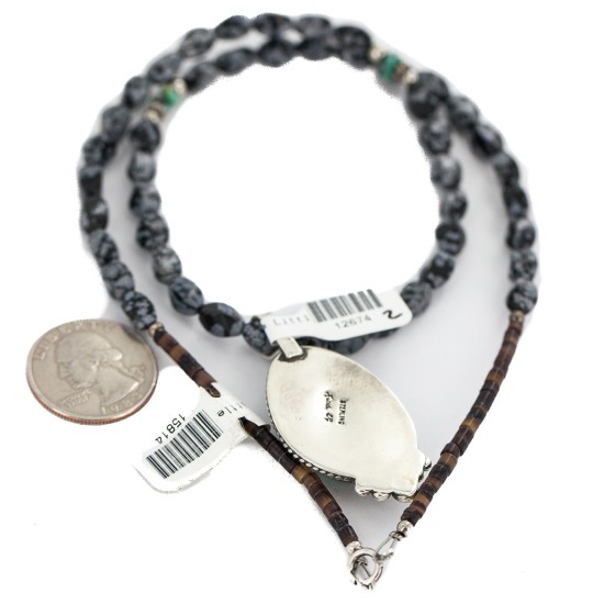 .925 Sterling Silver Certified Authentic Navajo Natural Spiderweb Turquoise Snowflake Obsidian Native American Necklace 12674-15814 .925 Sterling Silver Certified Authentic Navajo Natural Spiderweb Turquoise Snowflake Obsidian Native American Necklace 12674-15814