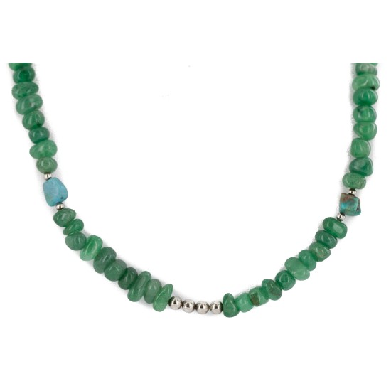.925 Sterling Silver Certified Authentic Navajo Natural Turquoise Jade Native American Necklace 15113-100