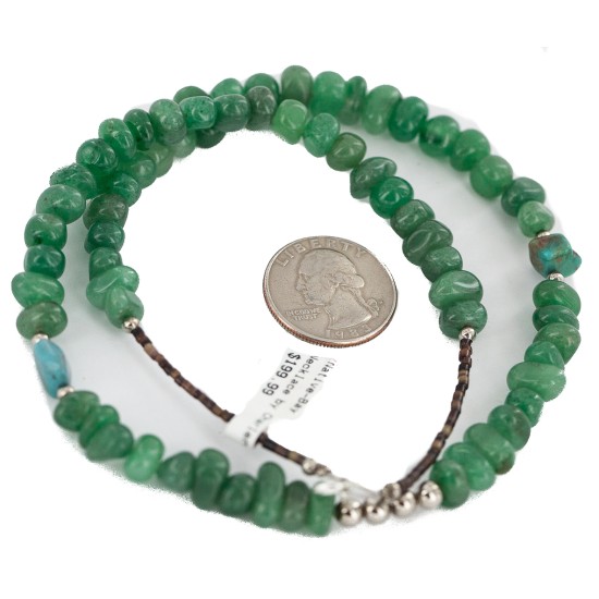 .925 Sterling Silver Certified Authentic Navajo Natural Turquoise Jade Native American Necklace 15113-100