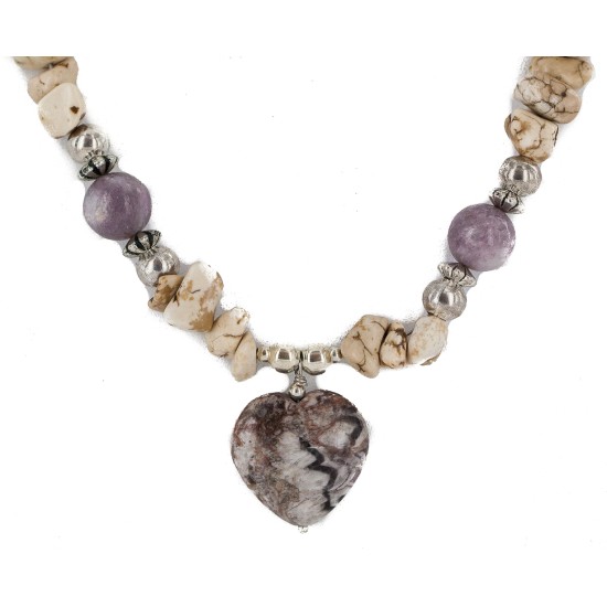 Heart .925 Sterling Silver Certified Authentic Navajo White Howlite Charoite Native American Necklace 15778