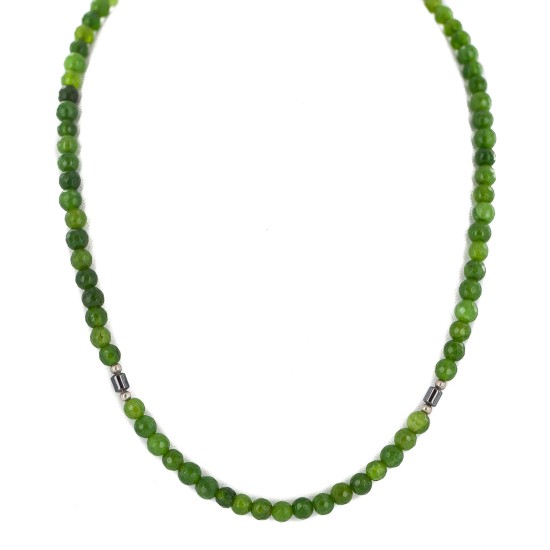 .925 Sterling Silver Certified Authentic Navajo Natural Green Quartz Hematite Native American Necklace 16076-11