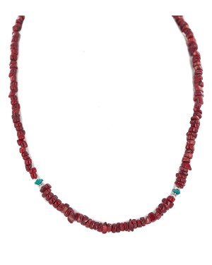 .925 Sterling Silver Certified Authentic Navajo Natural Turquoiose Coral Native American Necklace 750219