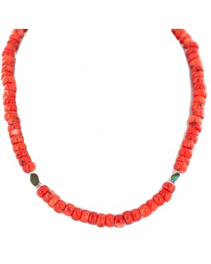 .925 Sterling Silver Certified Authentic Navajo Natural Turquoiose Coral Native American Necklace 750220