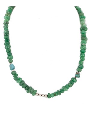 .925 Sterling Silver Certified Authentic Navajo Natural Turquoise Jade Native American Necklace 15113-100