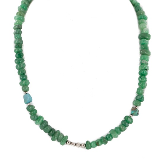 .925 Sterling Silver Certified Authentic Navajo Natural Turquoise Jade Native American Necklace 15113-100