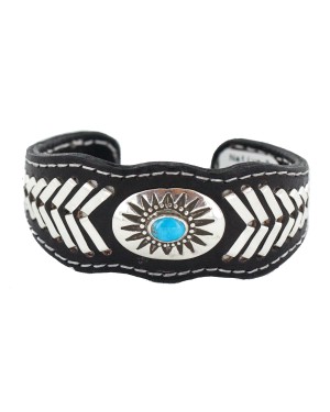Certified Authentic .925 Sterling Silver Handmade Navajo Natural Turquoise Native American Leather Bracelet 12784-2