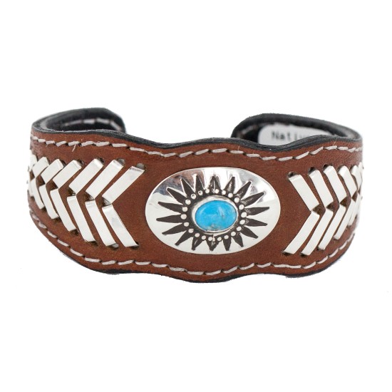 Certified Authentic Handmade .925 Sterling Silver Navajo Natural Turquoise Native American Leather Bracelet 12784-3 Certified Authentic Handmade .925 Sterling Silver Navajo Natural Turquoise Native American Leather Bracelet 12784-3