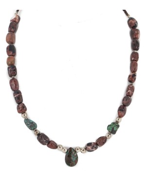 Drop .925 Sterling Silver Certified Authentic Navajo Natural Turquoise Jasper Native American Necklace 18276-1