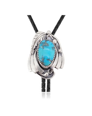 Feather .925 Sterling Silver Certified Authentic Handmade Navajo Native American Natural Turquoise Bolo Tie 34136