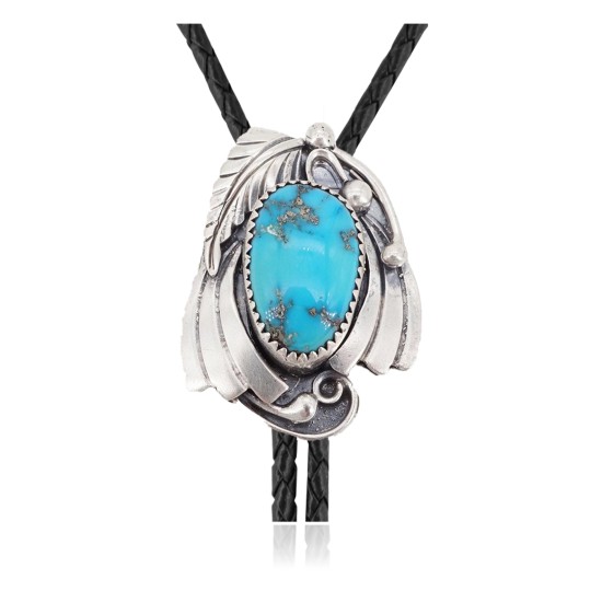 Feather .925 Sterling Silver Certified Authentic Handmade Navajo Native American Natural Turquoise Bolo Tie 34136