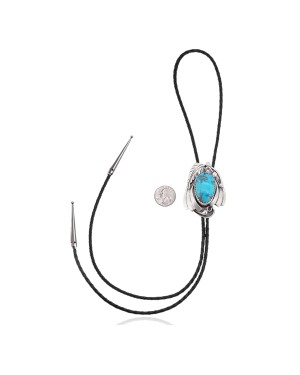 Feather .925 Sterling Silver Certified Authentic Handmade Navajo Native American Natural Turquoise Bolo Tie 34136