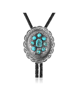 Sun .925 Sterling Silver Certified Authentic Handmade Navajo Native American Natural Turquoise Bolo Tie 34138