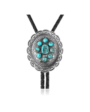 Sun .925 Sterling Silver Handmade Navajo Native American Natural Turquoise Bolo Tie 34138