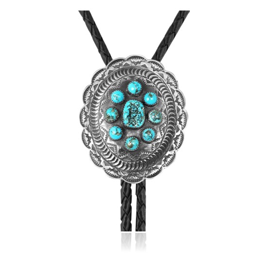 Sun .925 Sterling Silver Certified Authentic Handmade Navajo Native American Natural Turquoise Bolo Tie 34138