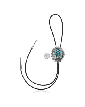 Sun .925 Sterling Silver Certified Authentic Handmade Navajo Native American Natural Turquoise Bolo Tie 34138
