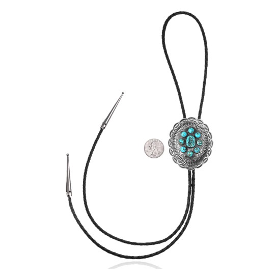 Sun .925 Sterling Silver Certified Authentic Handmade Navajo Native American Natural Turquoise Bolo Tie 34138