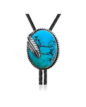 Feather .925 Sterling Silver Certified Authentic Handmade Navajo Native American Natural Turquoise Bolo Tie 34139