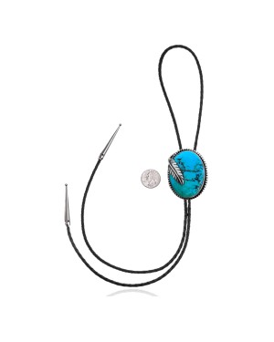 Feather .925 Sterling Silver Certified Authentic Handmade Navajo Native American Natural Turquoise Bolo Tie 34139