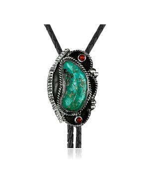 Handmade Certified Authentic Navajo .925 Sterling Silver Native American Natural Turquoise Coral Bolo Tie 34140
