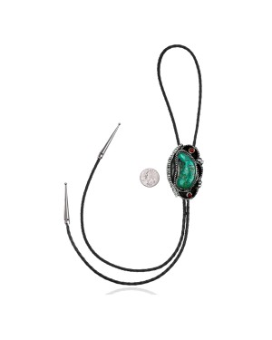 Handmade Certified Authentic Navajo .925 Sterling Silver Native American Natural Turquoise Coral Bolo Tie 34140