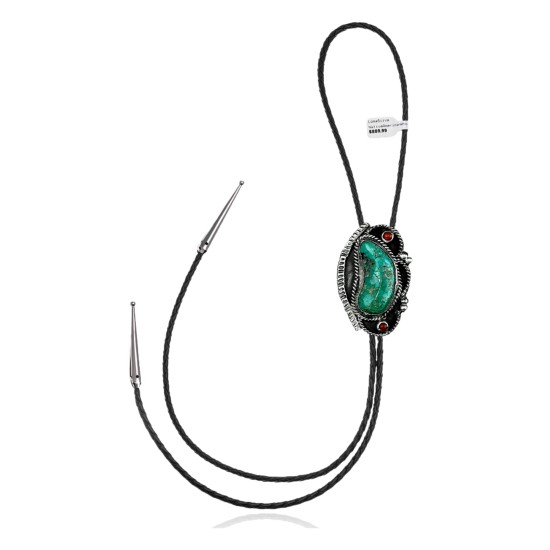 Handmade Certified Authentic Navajo .925 Sterling Silver Native American Natural Turquoise Coral Bolo Tie 34140