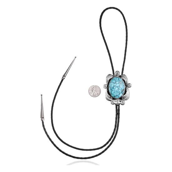 Feather .925 Sterling Silver Certified Authentic Handmade Navajo Native American Natural Turquoise Bolo Tie 34146