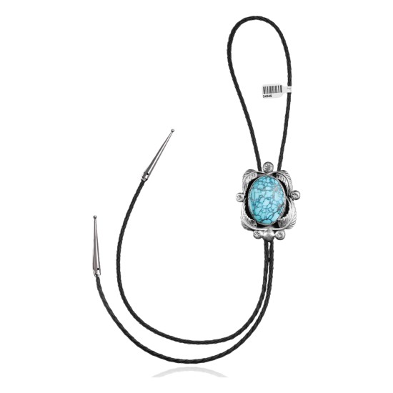Feather .925 Sterling Silver Certified Authentic Handmade Navajo Native American Natural Turquoise Bolo Tie 34146