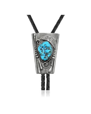 Feather .925 Sterling Silver Certified Authentic Handmade Navajo Native American Natural Turquoise Bolo Tie 34151
