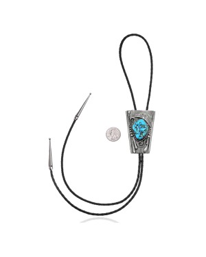 Feather .925 Sterling Silver Certified Authentic Handmade Navajo Native American Natural Turquoise Bolo Tie 34151