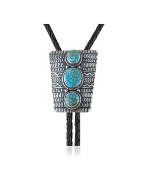 Handmade Certified Authentic Navajo .925 Sterling Silver Native American Natural Turquoise Bolo Tie 34152