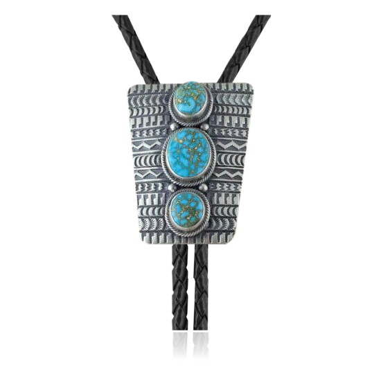 Handmade Certified Authentic Navajo .925 Sterling Silver Native American Natural Turquoise Bolo Tie 34152