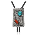 Feather .925 Sterling Silver Handmade Navajo Native American Natural Turquoise Coral Bolo Tie 34142