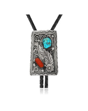 Feather .925 Sterling Silver Certified Authentic Handmade Navajo Native American Natural Turquoise Coral Bolo Tie 34142