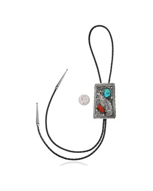 Feather .925 Sterling Silver Certified Authentic Handmade Navajo Native American Natural Turquoise Coral Bolo Tie 34142 Feather .925 Sterling Silver Certified Authentic Handmade Navajo Native American Natural Turquoise Coral Bolo Tie 34142