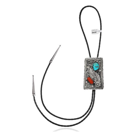 Feather .925 Sterling Silver Certified Authentic Handmade Navajo Native American Natural Turquoise Coral Bolo Tie 34142