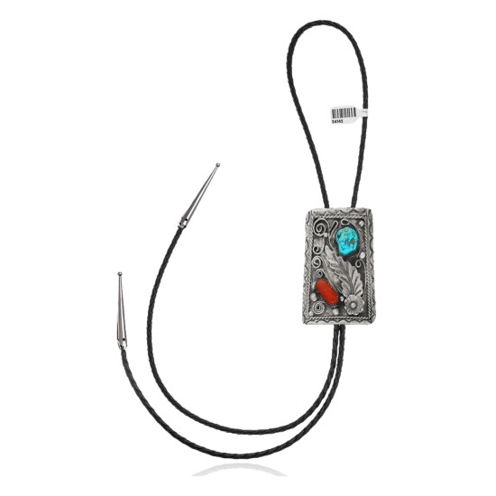 Feather .925 Sterling Silver Certified Authentic Handmade Navajo Native American Natural Turquoise Coral Bolo Tie 34142