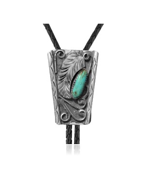 Feather .925 Sterling Silver Certified Authentic Handmade Navajo Native American Natural Turquoise Bolo Tie 34145