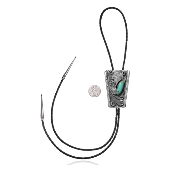 Feather .925 Sterling Silver Certified Authentic Handmade Navajo Native American Natural Turquoise Bolo Tie 34145